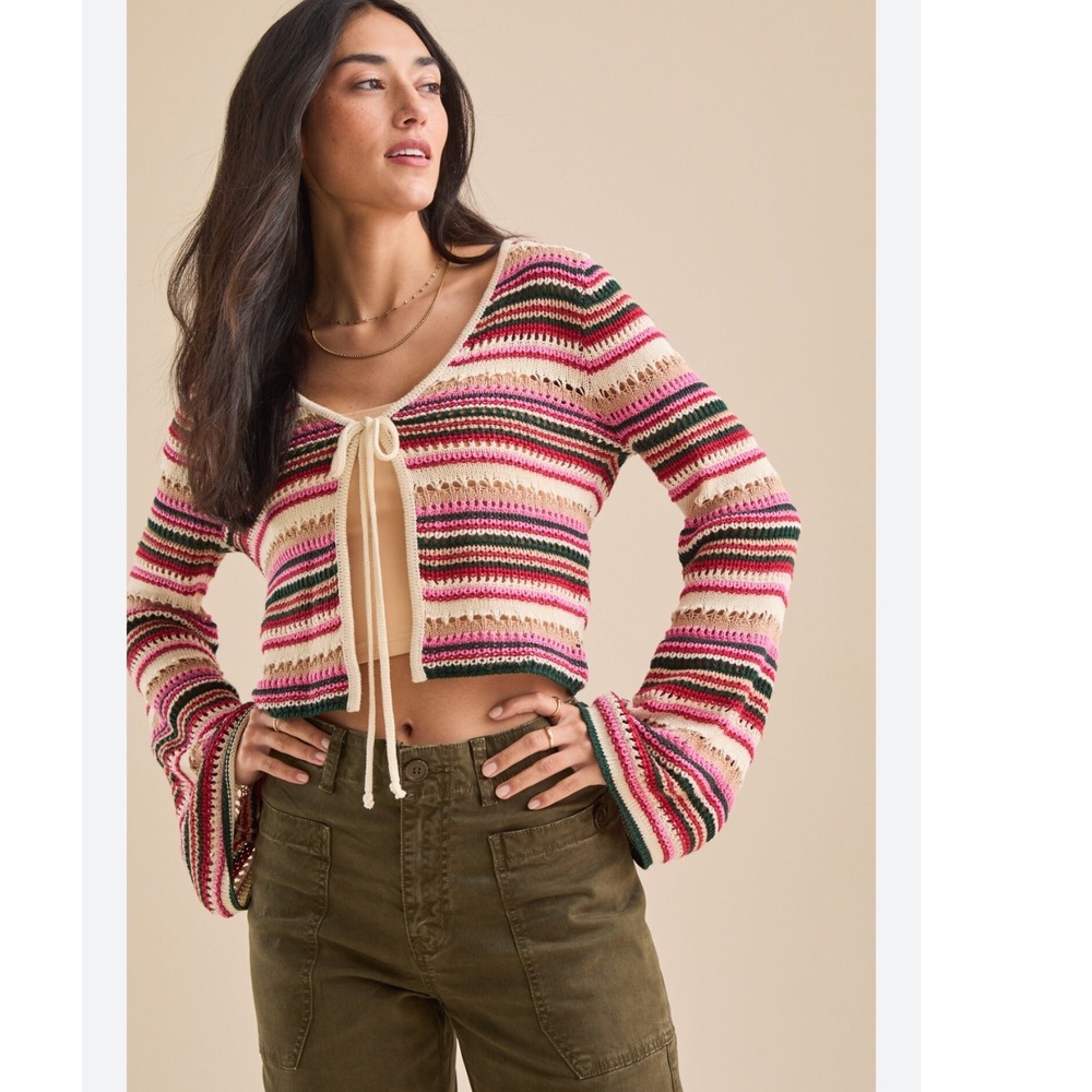 Altar'd State Striped Open Knit Cropped Cardigan Bell Sleeve Tie Front Small